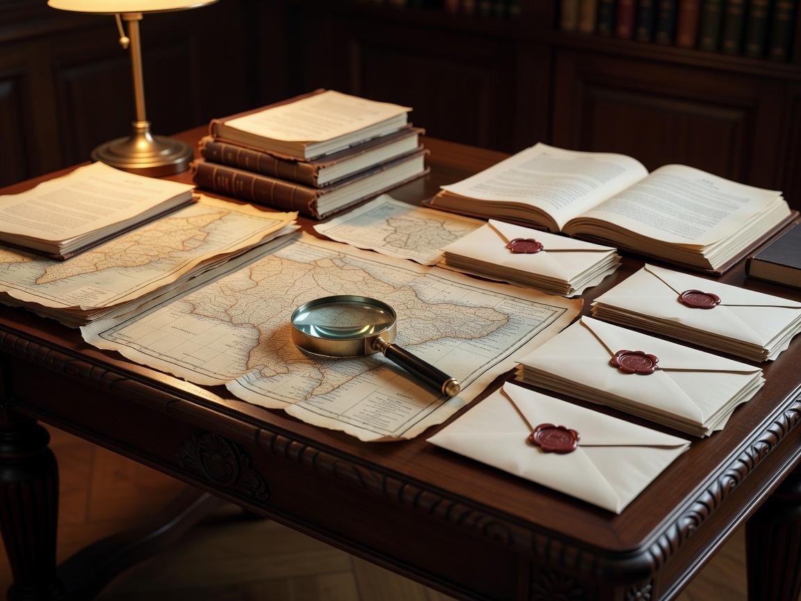 Elegant evidence table covered with maps, magnifying glass, notebooks, sealed envelopes, and investigation files