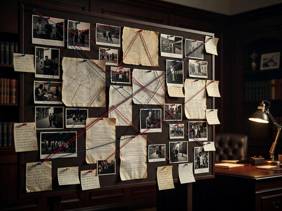 Investigation board covered with photographs, maps, notes, strings, and evidence documents inside a sophisticated office